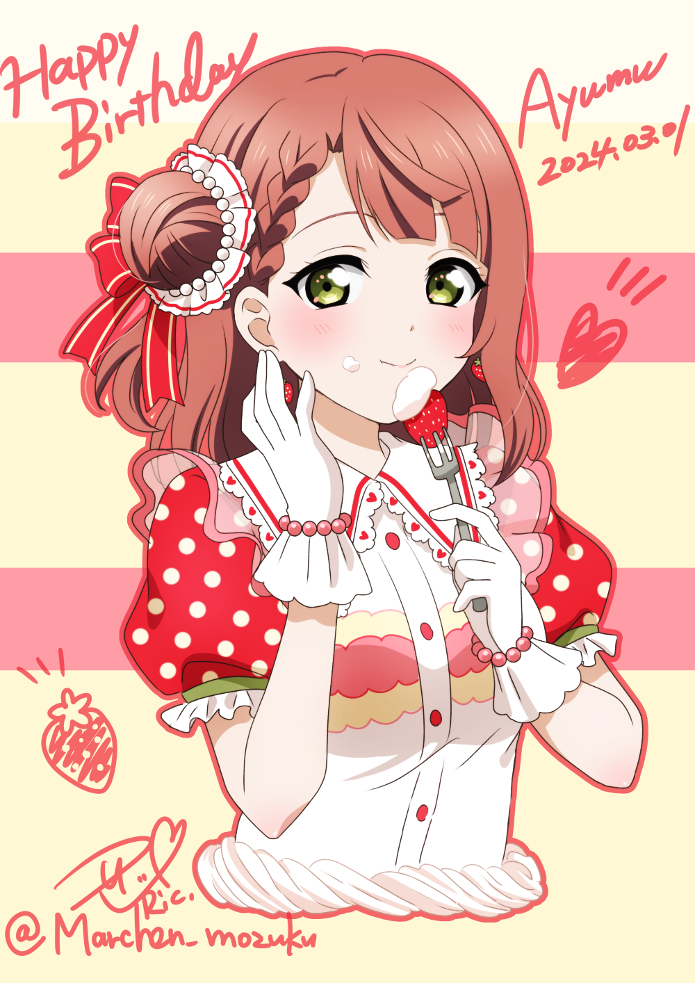 1girl blush character_name commentary_request cream cream_on_face cropped_torso dated earrings food food-themed_earrings food_on_face fork fruit gloves green_eyes hair_bun happy_birthday highres holding holding_fork jewelry looking_at_viewer love_live! love_live!_nijigasaki_high_school_idol_club outline pink_hair puffy_short_sleeves puffy_sleeves red_outline ric_(fwpbox) shirt short_sleeves signature single_side_bun solo strawberry strawberry_earrings twitter_username uehara_ayumu white_shirt