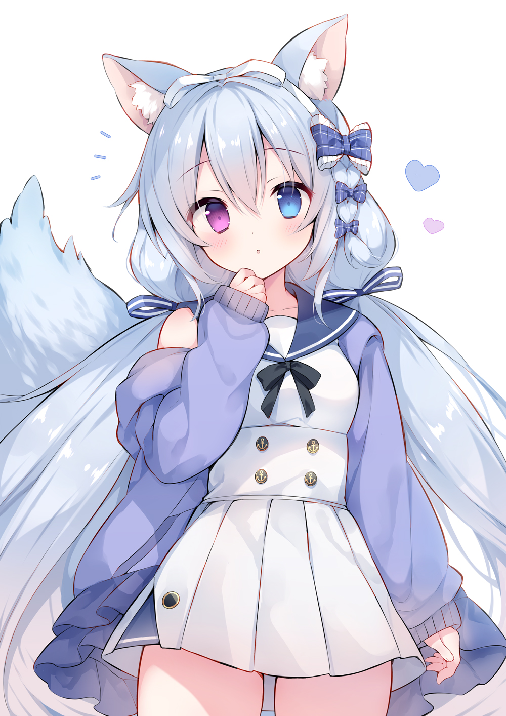 1girl :o animal_ear_fluff animal_ears bare_shoulders black_bow blue_bow blue_eyes blue_jacket blue_sailor_collar blush bow breasts collarbone commentary_request commission grey_hair hair_between_eyes hair_bow hair_ribbon hairband hand_up heart heterochromia highres izuminanase jacket long_hair long_sleeves looking_at_viewer low_twintails notice_lines off_shoulder open_clothes open_jacket original parted_lips pleated_skirt puffy_long_sleeves puffy_sleeves purple_eyes ribbon sailor_collar shirt simple_background skeb_commission skirt sleeveless sleeveless_shirt sleeves_past_wrists small_breasts solo standing tail twintails very_long_hair white_background white_hairband white_ribbon white_shirt white_skirt