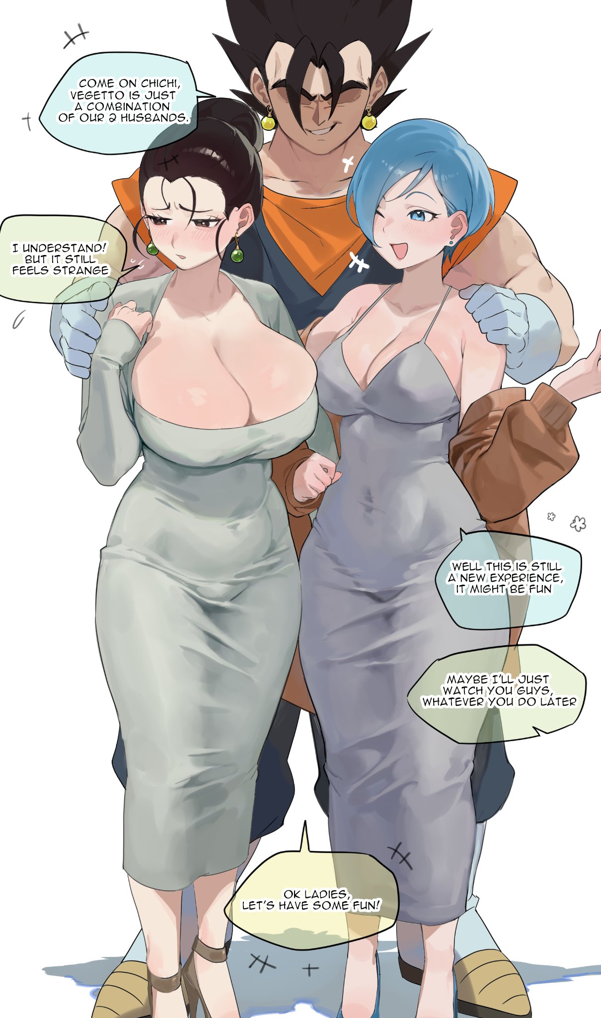 1boy 2girls black_hair breasts bulma chi-chi_(dragon_ball) cleavage covered_navel dragon_ball dragon_ball_z dress earrings english_text hair_bun hand_on_another's_shoulder highres huge_breasts husband_and_wife husband_and_wives imminent_threesome jewelry multiple_girls nia_(nia4294) partially_shaded_face potara_earrings short_hair single_hair_bun smile speech_bubble spiked_hair standing tight_clothes tight_dress vegetto
