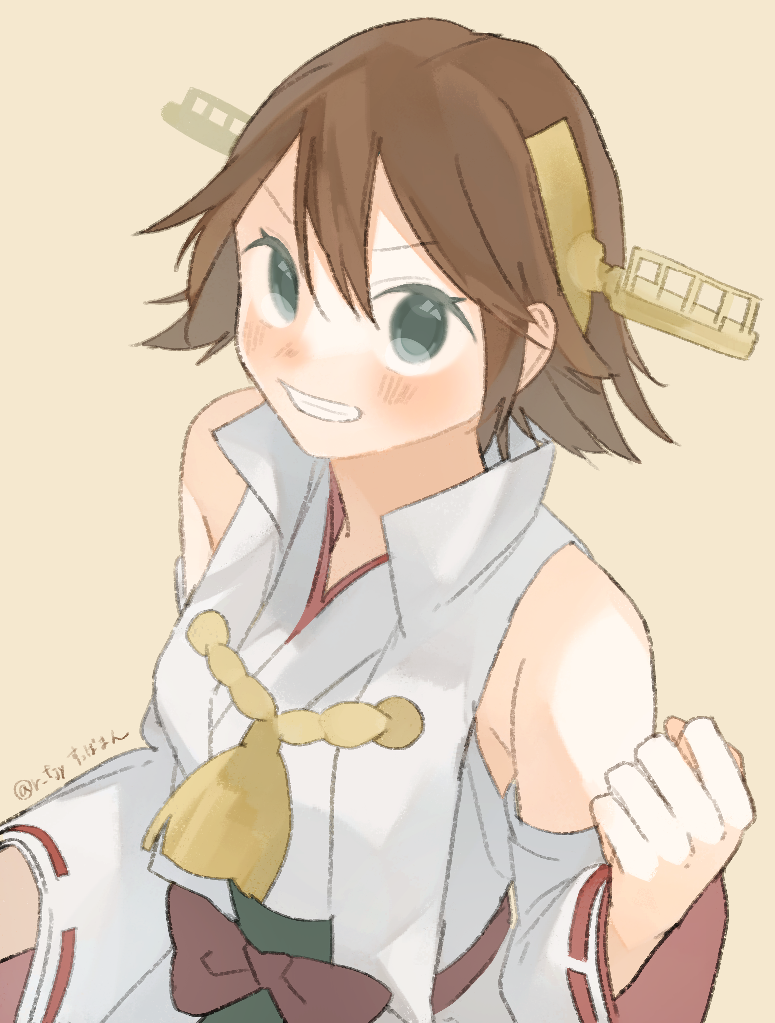 1girl brown_hair clenched_hand detached_sleeves flipped_hair grin headgear hiei_(kancolle) kantai_collection nontraditional_miko orange_background popped_collar ribbon-trimmed_sleeves ribbon_trim short_hair simple_background smile solo suppaman_(rfjy) twitter_username upper_body