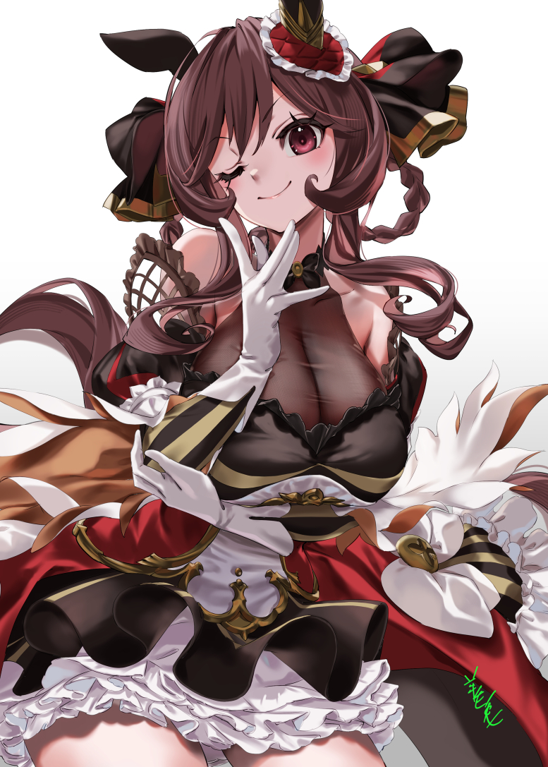 1girl ;) animal_ears arm_under_breasts bare_shoulders black_dress bodystocking braided_hair_rings breasts brown_hair cleavage closed_mouth collarbone detached_sleeves dress ear_covers ear_ornament gentildonna_(umamusume) gloves hair_between_eyes hair_ornament hair_rings hand_on_own_face hand_up heart-shaped_ornament heart_ear_ornament horse_ears horse_girl horse_tail large_breasts long_hair long_sleeves looking_at_viewer one_eye_closed red_eyes see-through see-through_cleavage simple_background sleeveless sleeveless_dress smile solo tail thighs umamusume upper_body white_background white_gloves youmou_usagi