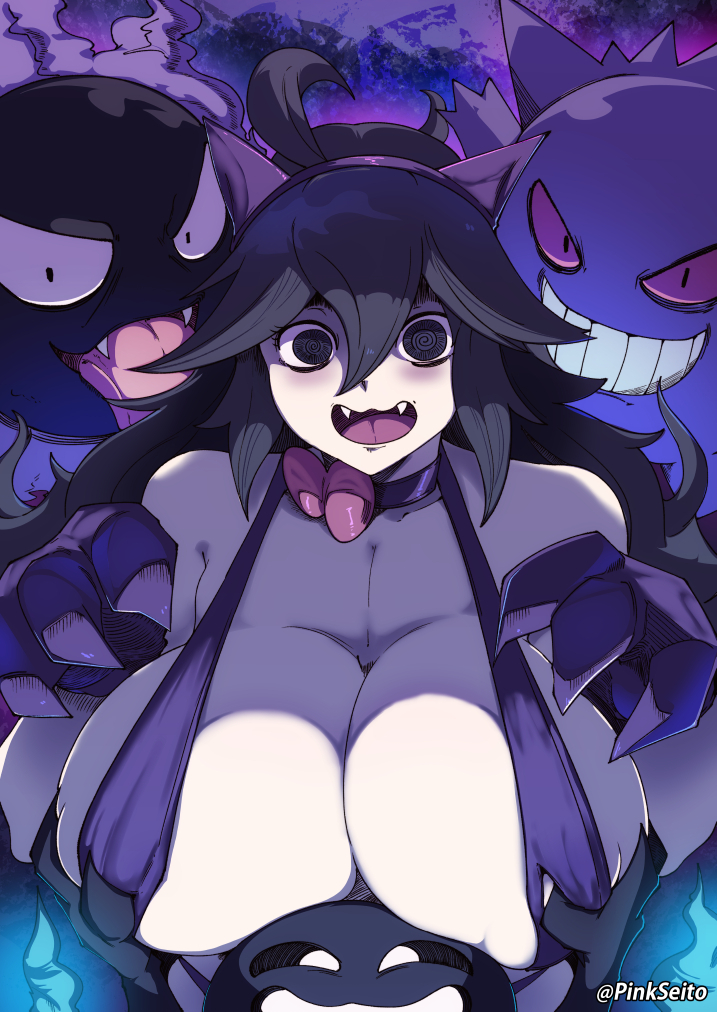 1girl @_@ alternate_breast_size animal_ears breasts claws covered_nipples fake_animal_ears gastly gengar grabbing grabbing_another's_breast hex_maniac_(pokemon) large_breasts long_hair looking_at_viewer messy_hair orphen_(pink_seito) pokemon pokemon_(creature) pokemon_tower_ghost pokemon_xy smile upper_body very_long_hair