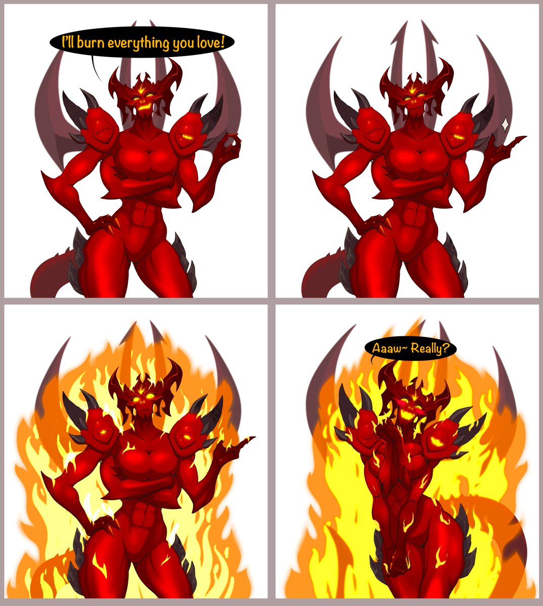abs anthro big_breasts blizzard_entertainment blush blush_lines breasts burning clasped_hands claws crossed_arms demon diablo diablo_(character) diablo_3 digital_media_(artwork) featureless_breasts featureless_crotch female fire glowing hands_on_legs hands_on_thighs happy hi_res horn looking_at_viewer multi_limb muscular nude playful prime_evil_diablo red_body simple_background smile smirk solo spacemaxmarine spikes spikes_(anatomy) tail thick_thighs