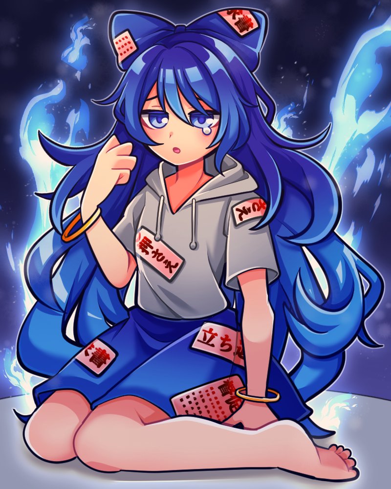 1girl 1jumangoku bare_legs barefoot blue_bow blue_eyes blue_fire blue_hair blue_skirt blush_stickers bow burning clenched_hand cloud cloudy_sky commentary_request debt fire full_body gold_bracelet grey_hood grey_hoodie grey_sleeves hair_bow hood hood_down hoodie kneeling long_hair looking_at_viewer miniskirt open_mouth outline raised_eyebrows short_sleeves skirt sky solo tearing_up toes touhou very_long_hair white_outline yorigami_shion