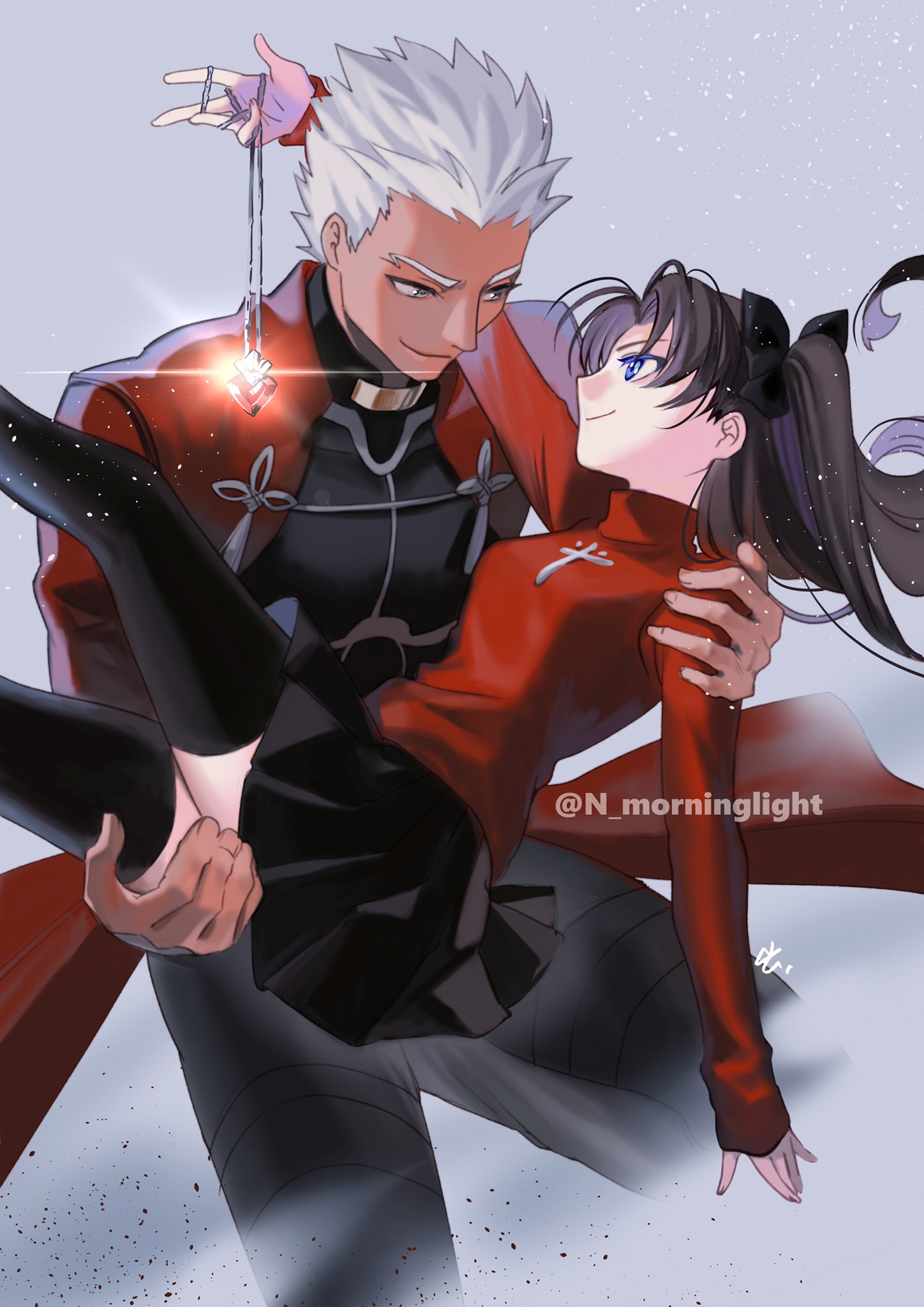 1boy 1girl asakou_(n_morninglight) black_hair black_skirt black_thighhighs blue_eyes carrying coat dark-skinned_male dark_skin fate/stay_night fate_(series) gem grey_hair highres jewelry long_hair looking_at_another necklace princess_carry red_coat red_sweater skirt smile sweater thighhighs tohsaka_rin two_side_up zettai_ryouiki