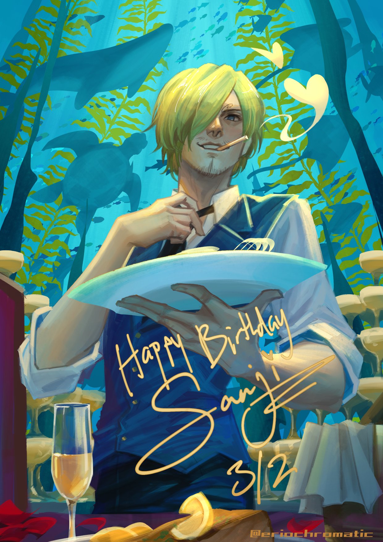1boy adjusting_clothes adjusting_necktie aquarium black_necktie blonde_hair cigarette cup curly_eyebrows dated drinking_glass english_text eriochromatic facial_hair food fruit goatee happy_birthday heart highres holding holding_plate indoors lemon lemon_slice looking_at_viewer manta_ray mustache necktie one_piece plate sanji_(one_piece) short_hair smile solo turtle twitter_username upper_body waiter whale wine_glass