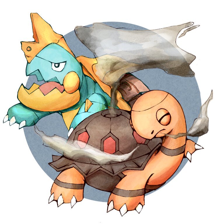 animal_focus blue_background border circular_border claws closed_mouth commentary_request drednaw fangs fireblast horns no_humans open_mouth pokemon pokemon_(creature) shell simple_background single_horn skin_fangs smoke torkoal tortoise turtle white_border