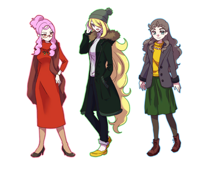 3girls beanie black_footwear black_pantyhose blonde_hair blue_eyes brown_hair coat cynthia_(pokemon) diantha_(pokemon) dress fur-trimmed_coat fur_trim glasses green_skirt hat ivory_(25680nico) long_hair malva_(pokemon) multiple_girls pantyhose pink_eyes pink_hair pokemon pokemon_dppt pokemon_xy red_dress simple_background skirt smile white_background yellow_footwear