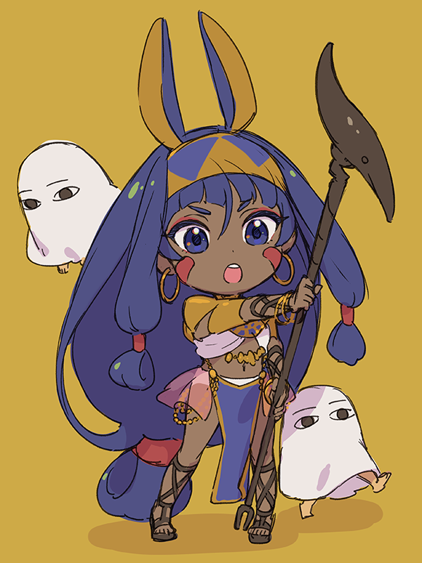 1girl :o animal_ears chibi dark-skinned_female dark_skin earrings egyptian_clothes facial_mark fake_animal_ears fate/grand_order fate_(series) gladiator_sandals hairband holding holding_staff holding_weapon hoop_earrings isshoku_(shiki) jackal_ears jewelry looking_at_viewer medjed_(fate) mini_person nitocris_(fate) pelvic_curtain purple_eyes sandals simple_background staff teeth upper_teeth_only weapon yellow_background yellow_hairband