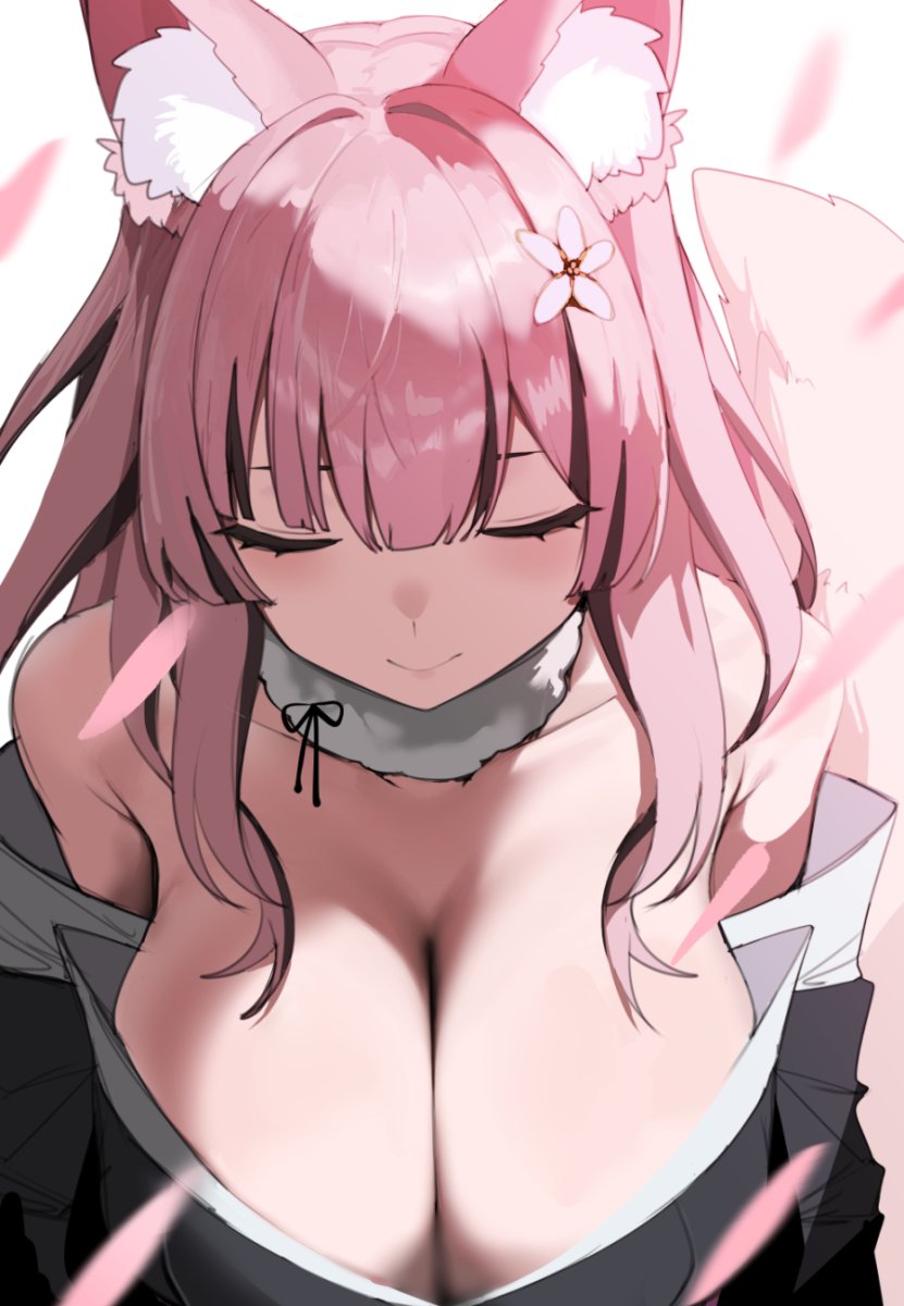 1girl animal_ear_fluff animal_ears bare_shoulders black_kimono blush breasts ch4a cleavage closed_eyes collarbone falling_petals fox_ears fox_tail fur_choker highres japanese_clothes kimono large_breasts original petals pink_hair smile solo tail upper_body