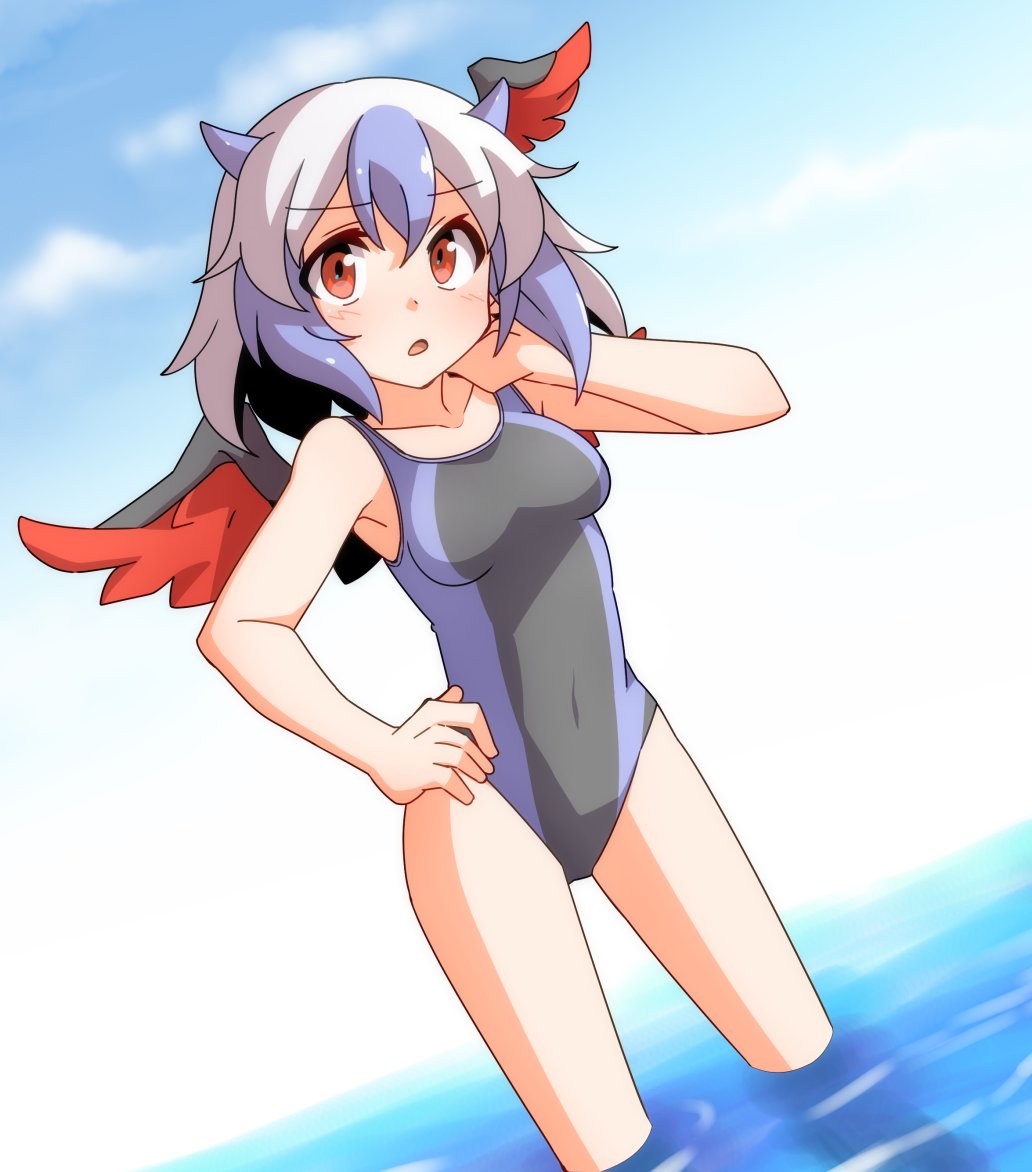 1girl alternate_costume anime_coloring bare_shoulders black_one-piece_swimsuit blush breasts cel_shading collarbone commentary_request commission dairi day eyes_visible_through_hair feet_out_of_frame hair_between_eyes hand_on_own_face hand_on_own_hip hand_up head_wings horns looking_at_viewer medium_breasts multicolored_hair one-piece_swimsuit open_mouth outdoors purple_hair purple_horns purple_one-piece_swimsuit red_eyes red_wings second-party_source short_hair single_head_wing skeb_commission solo standing streaked_hair swimsuit tokiko_(touhou) touhou wading water white_hair wings