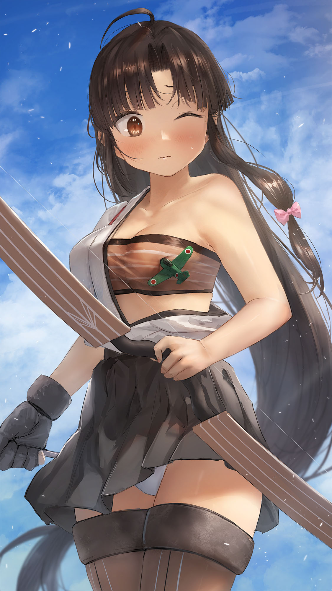 1girl ahoge aircraft airplane bandeau black_hair black_hakama blush bow_(weapon) breasts brown_eyes brown_hair closed_mouth cloud cloudy_sky day gloves hachimaki hadanugi_dousa hair_ribbon hakama hakama_short_skirt hakama_skirt headband highres indoors japanese_clothes kantai_collection kimono long_hair looking_at_viewer low-tied_long_hair one_eye_closed open_clothes open_kimono panties partially_fingerless_gloves pleated_skirt ponytail ribbon shouhou_(kancolle) skirt sky smile solo thighhighs toka_(marchlizard) underwear weapon white_panties yugake