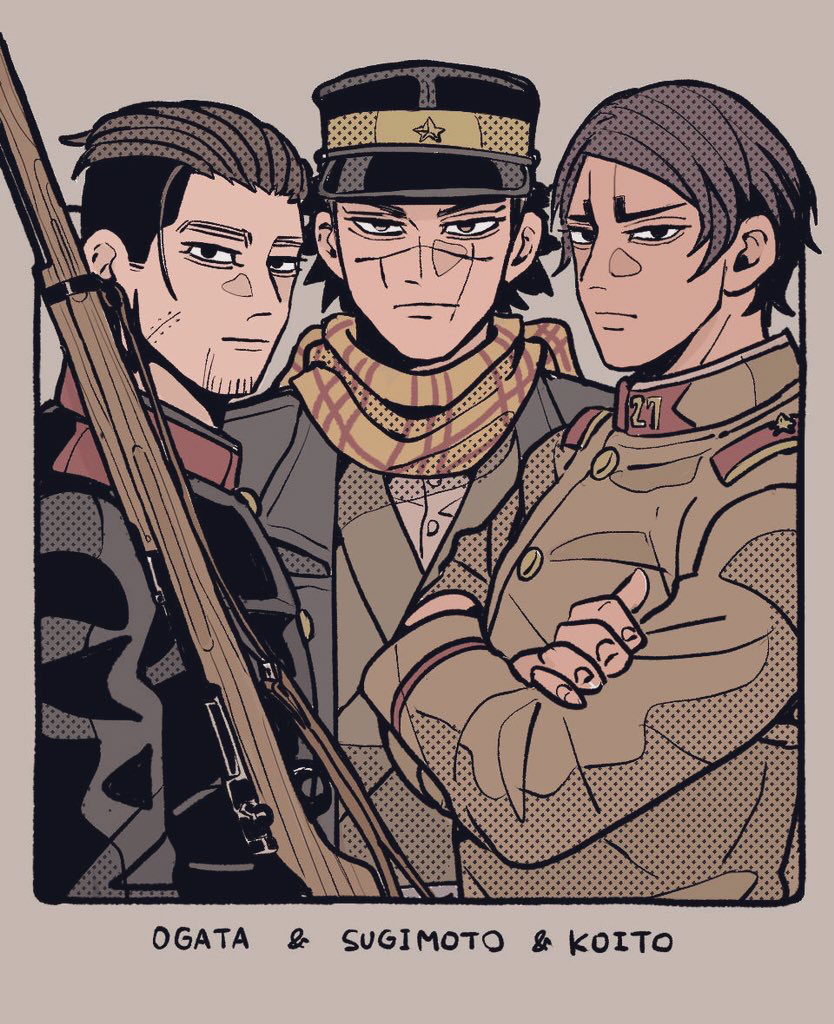 3boys arisaka blank_stare bolt_action crossed_arms dark-skinned_male dark_skin golden_kamuy gun half-closed_eyes hat kepi koito_otonoshin looking_at_viewer male_focus military_hat multiple_boys ogata_hyakunosuke over_shoulder rifle scar scar_on_cheek scar_on_face scar_on_nose short_hair sugimoto_saichi tege_(tege_xxx) upper_body weapon weapon_over_shoulder