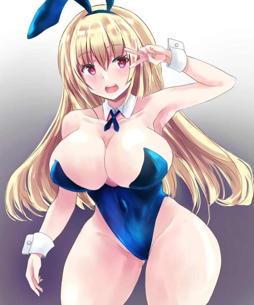 1girl animal_ears blonde_hair blue_eyes blue_ribbon breasts bunny_ears bunny_tail bunnysuit cleavage commentary_request covered_navel cowboy_shot detached_collar gradient gradient_background grey_background karune large_breasts leaning_forward looking_at_viewer neck_ribbon open_mouth original ribbon round_teeth smile solo standing tail teeth upper_teeth v_over_eye wrist_cuffs
