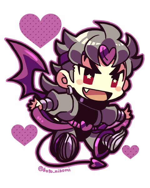 1boy blush_stickers chibi chibi_only demon_tail dio_brando earrings fang full_body grey_hair grey_jacket heart jacket jewelry jojo_no_kimyou_na_bouken kotorai male_focus no_nose open_mouth purple_outline purple_wings star-shaped_pupils star_(symbol) symbol-shaped_pupils tail v-shaped_eyebrows wings