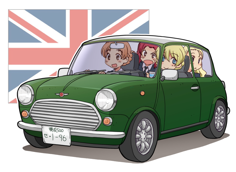 4girls assam_(girls_und_panzer) black_necktie blonde_hair blue_eyes blue_sweater braid car closed_mouth commentary darjeeling_(girls_und_panzer) dress_shirt driving flag_background frown girls_und_panzer long_sleeves looking_at_another looking_at_viewer looking_to_the_side mini_cooper motor_vehicle multiple_girls necktie open_mouth orange_hair orange_pekoe_(girls_und_panzer) parted_bangs parted_lips red_hair rosehip_(girls_und_panzer) school_uniform shirt short_hair sitting smile st._gloriana's_school_uniform sweater twin_braids union_jack uona_telepin v-neck v-shaped_eyebrows vehicle_focus white_shirt wing_collar