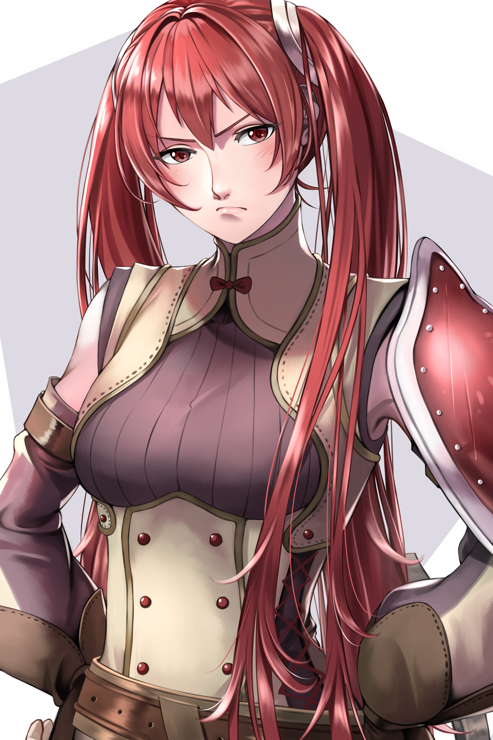 1girl armor bare_shoulders belt blush breasts delsaber detached_sleeves fingerless_gloves fire_emblem fire_emblem_awakening gloves hair_between_eyes hands_on_own_hips highres long_hair looking_at_viewer red_eyes red_hair serious severa_(fire_emblem) shoulder_armor simple_background solo twintails upper_body very_long_hair