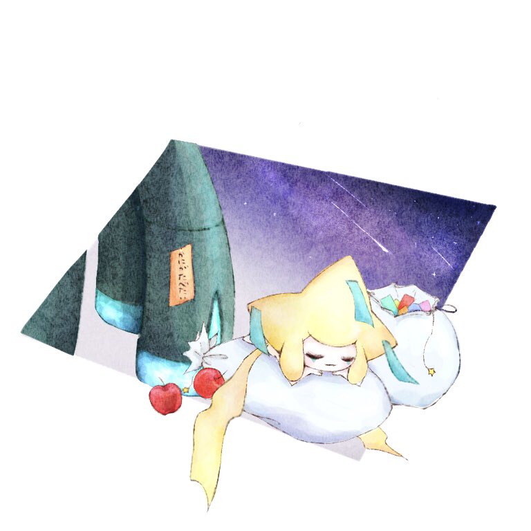 apple closed_eyes colored_skin facial_mark fireblast food fruit jirachi lying no_humans on_stomach pokemon pokemon_(creature) purple_sky shooting_star simple_background sky tanzaku white_background white_bag white_skin