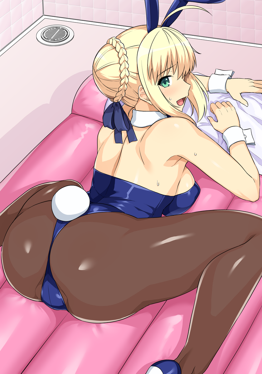 1girl :d ahoge air_mattress animal_ears artoria_pendragon_(fate) ass ass_focus bathroom blonde_hair blue_footwear blue_leotard blue_ribbon breasts commentary_request detached_collar fake_animal_ears fake_tail fate/stay_night fate_(series) green_eyes hair_ribbon haruhisky high_heels highres large_breasts leotard open_mouth pillow playboy_bunny rabbit_ears rabbit_tail ribbon saber_(fate) sideboob smile soapland solo sweat tail tile_wall tiles tongue white_wrist_cuffs wrist_cuffs