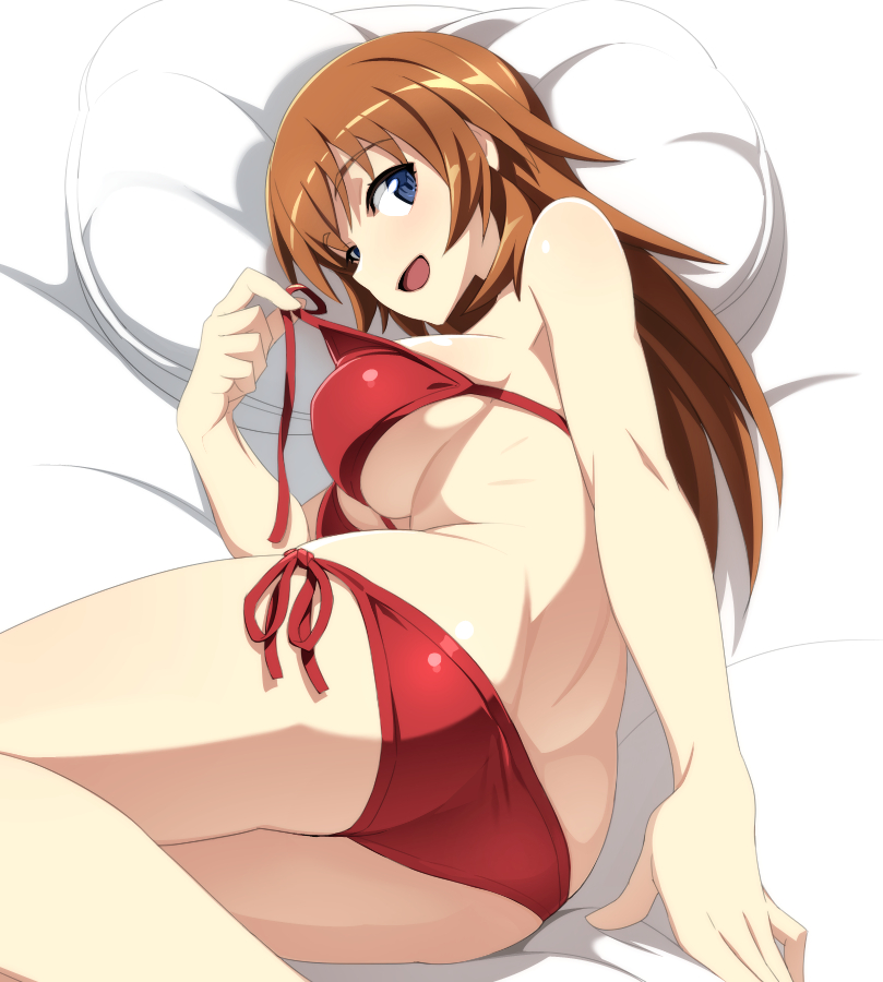 1girl ass bikini blue_eyes blush breasts brown_hair charlotte_e._yeager large_breasts long_hair looking_at_viewer nanashino open_mouth pillow red_bikini side-tie_bikini_bottom smile solo strike_witches swimsuit world_witches_series