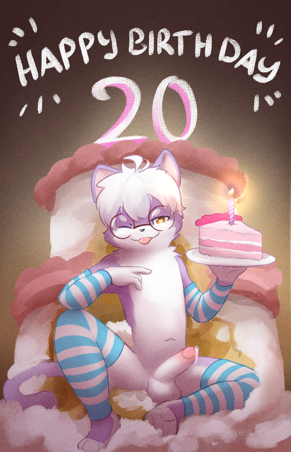 anthro birthday bodily_fluids bottomwear cake canid canine canis clothed clothing cum dessert dog_tags domestic_dog erection food footwear fur genital_fluids genitals girly happy heart_eyes heart_symbol hi_res hoodie kai_oshima kemono male mammal nude penis purple_body purple_fur shirt shy simple_background smile socks solo tail text tongue tongue_out topwear wolf
