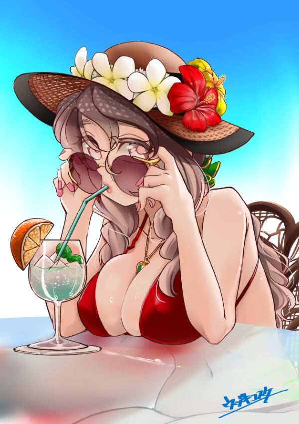 1girl alternate_costume bikini blue_background breasts brown_eyes drink drinking_straw grey_hair hat kantai_collection large_breasts long_hair looking_at_viewer pola_(kancolle) red_bikini solo sun_hat sunglasses swimsuit thick_eyebrows udukikosuke wavy_hair