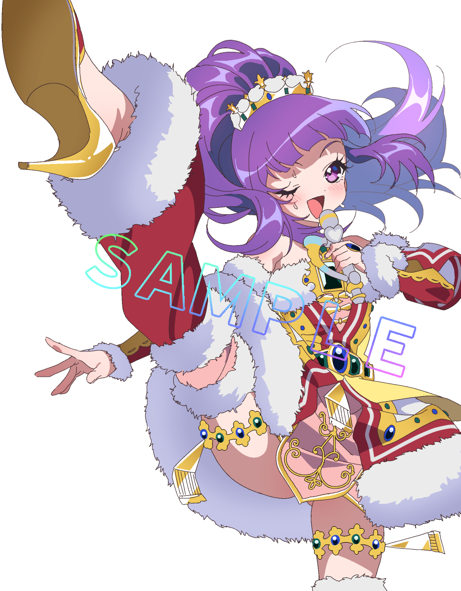 1girl :d ;d anchiki_shou bad_id bad_twitter_id blunt_bangs blush commentary_request commission crown detached_sleeves dress floating_hair fur-trimmed_dress fur_trim gold_trim hanazono_shuka hand_up high_heels holding holding_microphone idol idol_clothes idol_time_pripara leg_up leg_warmers long_hair looking_at_viewer microphone one_eye_closed open_mouth ponytail pretty_series pripara purple_eyes purple_hair sample_watermark simple_background skeb_commission smile solo standing standing_on_one_leg sweat thigh_strap watermark white_background yellow_footwear