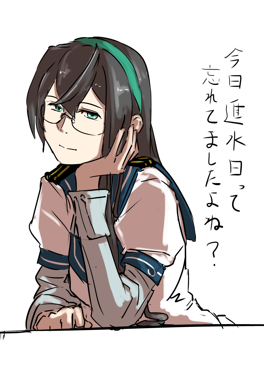 1girl black_hair blue_sailor_collar commentary green_eyes green_hairband hairband hand_on_own_face highres kantai_collection layered_sleeves long_hair long_sleeves looking_at_viewer megakura_kinshi ooyodo_(kancolle) sailor_collar school_uniform serafuku short_over_long_sleeves short_sleeves simple_background solo translated upper_body white_background