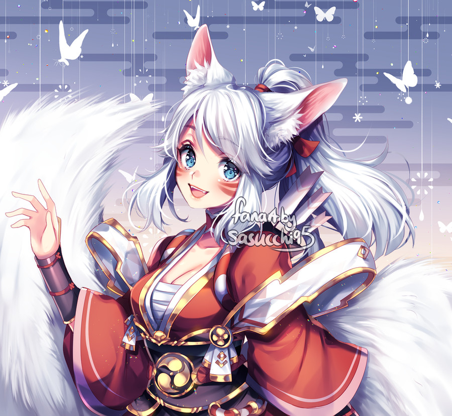 1girl animal_ear_fluff animal_ears arm_at_side arrow_(projectile) blue_eyes blush breasts bug butterfly cleavage collarbone facial_mark fangs hair_ribbon hakurou_(onmyoji) hand_up japanese_clothes kimono medium_breasts medium_hair official_alternate_costume onmyoji open_mouth ponytail red_kimono red_ribbon ribbon sasucchi95 smile solo tail teeth turtleneck upper_body upper_teeth_only white_butterfly white_hair white_tail wolf_ears wolf_girl wolf_tail