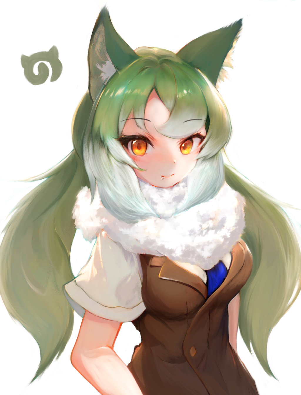 1girl animal_ears eastern_wolf_(kemono_friends) extra_ears fang green_hair highres jack4l jacket japari_symbol kemono_friends long_hair looking_at_viewer necktie orange_eyes scarf shirt simple_background solo twintails upper_body wolf_ears wolf_girl