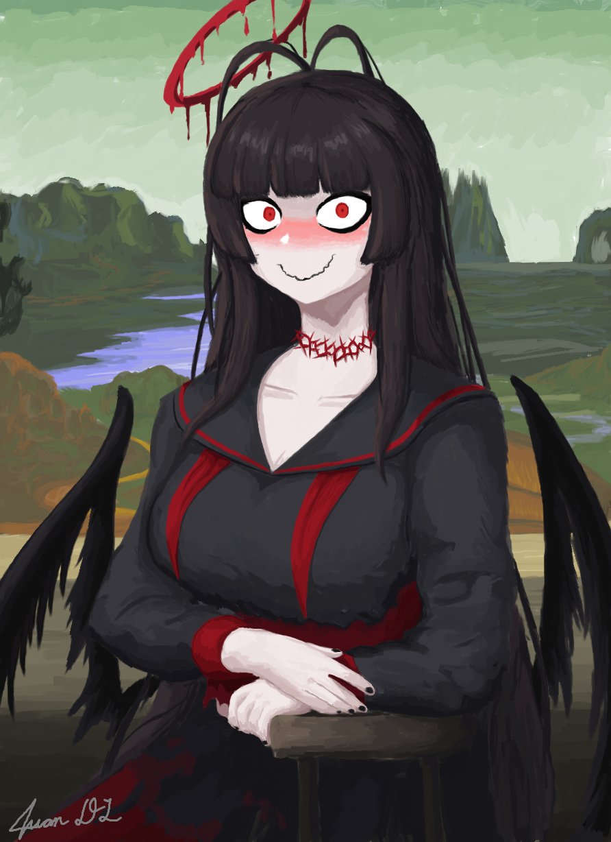 1girl antenna_hair black_hair black_nails black_serafuku black_wings blood_halo blue_archive blush breasts canned_juan choker fine_art_parody halo highres justice_task_force_(blue_archive) large_breasts long_hair low_wings melting_halo microsoft_paint_(medium) mona_lisa neckerchief pale_skin parody red_choker red_eyes red_halo school_uniform serafuku smile solo tsurugi_(blue_archive) undone_neckerchief wings