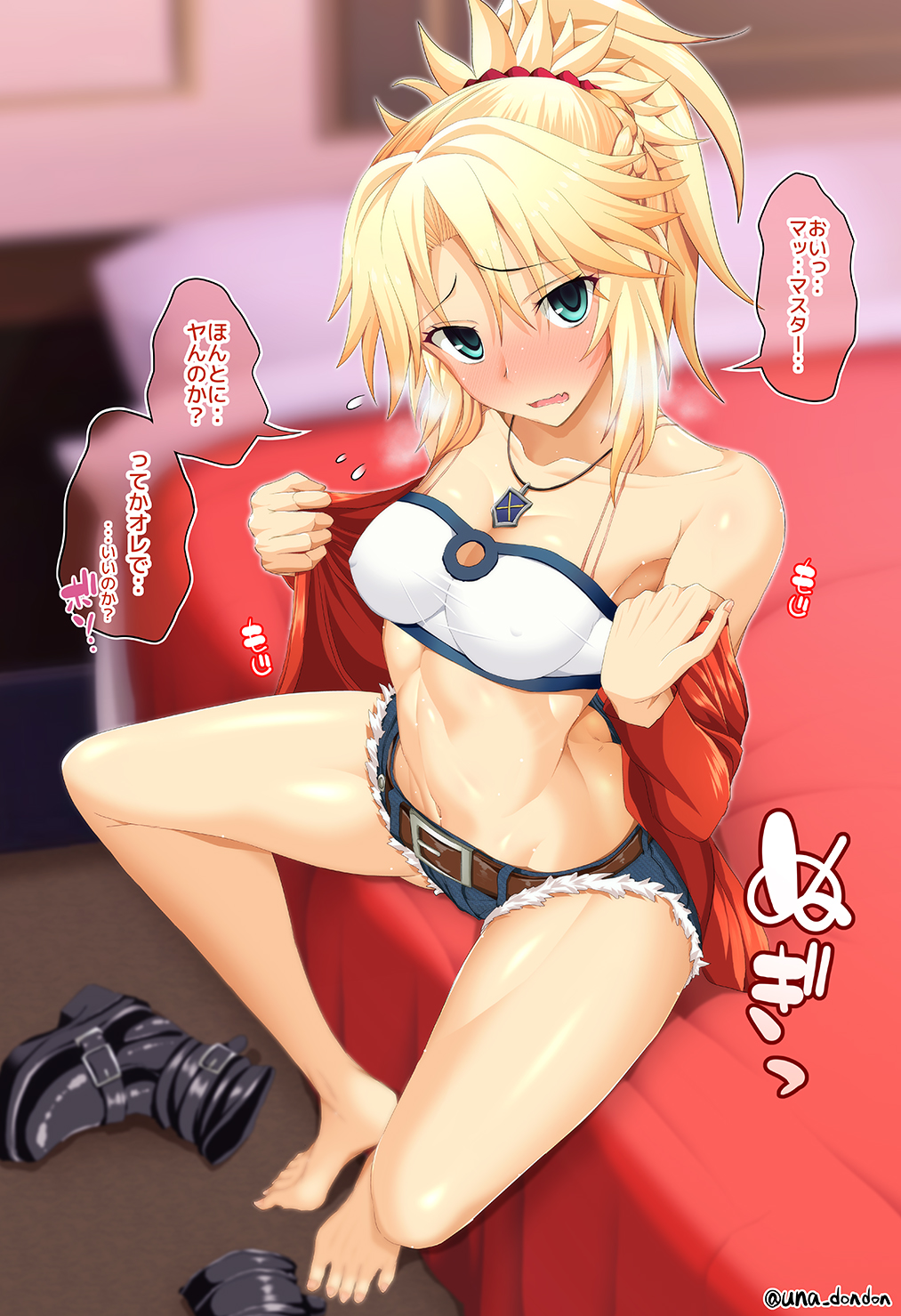 1girl ass bandeau bare_shoulders barefoot belt blonde_hair blush boots braid breasts cleavage collarbone covered_nipples cutoffs denim denim_shorts fang fate/apocrypha fate_(series) feet french_braid full-face_blush green_eyes hair_ornament hair_scrunchie highres jacket jewelry legs long_hair looking_at_viewer medium_breasts micro_shorts midriff mordred_(fate) mordred_(fate/apocrypha) mordred_(memories_at_trifas)_(fate) navel necklace off_shoulder on_bed open_clothes open_jacket open_mouth parted_bangs pendant ponytail red_jacket red_scrunchie scrunchie shoes shorts sitting solo stomach thighs translated unadon unworn_boots unworn_shoes wavy_mouth