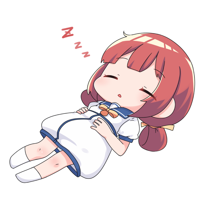 1girl blue_sailor_collar chibi chibi_only closed_eyes dress full_body hair_ribbon hair_rings kaiboukan_no._4_(kancolle) kantai_collection low_twintails lying nassukun on_back parted_lips red_hair ribbon sailor_collar sailor_dress short_sleeves short_twintails simple_background sleeping socks solo twintails white_background white_socks zzz