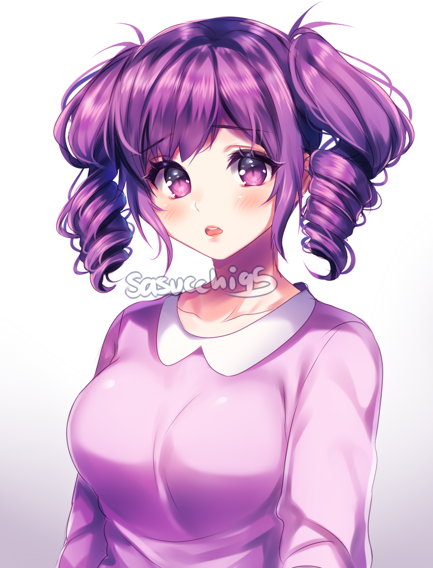 1girl arms_at_sides artist_name blush breasts collarbone collared_shirt drill_hair english_commentary gradient_background grey_background kokona_haruka_(yandere_simulator) large_breasts lips long_sleeves looking_at_viewer medium_hair open_mouth pink_shirt purple_eyes purple_hair sasucchi95 shirt teeth twin_drills upper_body upper_teeth_only white_background yandere_simulator