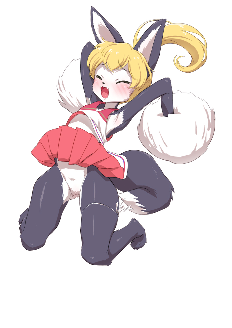 anthro blonde_hair bottomwear canid canine cheerleader_outfit clothed clothing eyes_closed female futaba_channel gaoranai-san hair img_(futaba) jumping mammal naturally_censored nijiura_maids no_underwear open_mouth pink_bottomwear pink_clothing pink_skirt pom_poms senzoc skirt solo