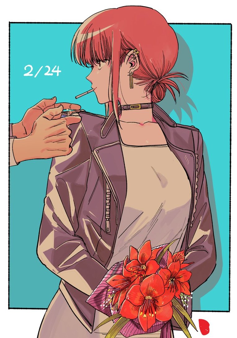 1boy 1girl birthday cigarette collar dated flower flower_request holding holding_lighter jinusi lighter lighting_cigarette red_hair super_no_ura_de_yani_suu_futari tayama_(super_no_ura_de_yani_suu_futari)