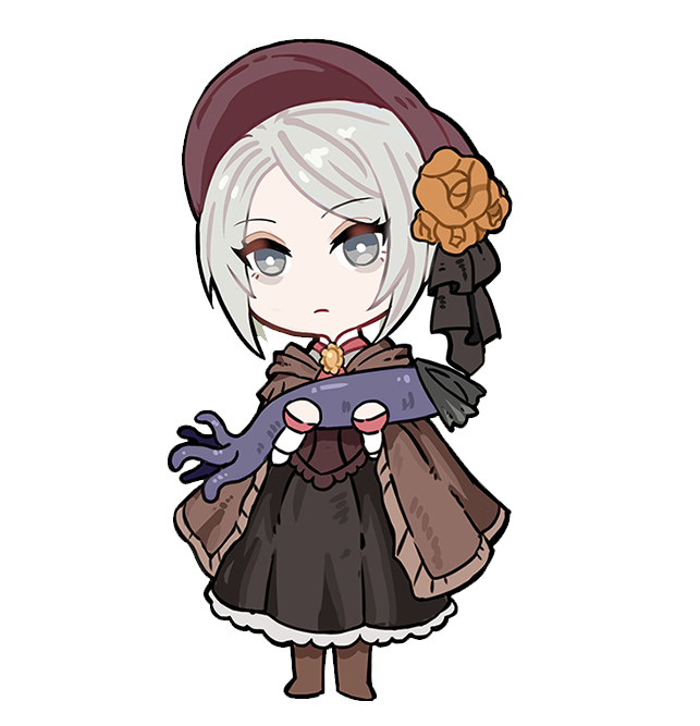 1girl biaay002x2 bloodborne bonnet cloak closed_mouth doll_joints dress eldritch_abomination flower full_body grey_hair hat holding hunter_(great_one)_(bloodborne) joints looking_at_viewer plain_doll short_hair simple_background swept_bangs tentacles