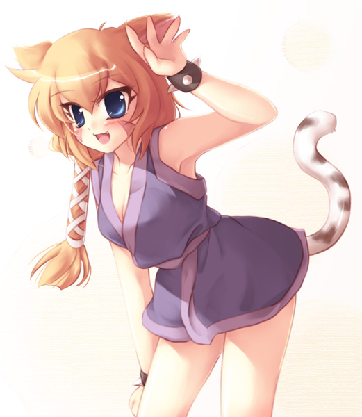 1girl animal_ears bent_over blue_eyes blush bracelet braid breasts cat_ears cat_girl cat_tail cleavage dd_tatsuki facial_mark fang ganbare_goemon japanese_clothes jewelry kimono long_hair no_gloves open_mouth orange_hair single_braid smile solo spiked_bracelet spikes suzaku_(ganbare_goemon) tail white_background