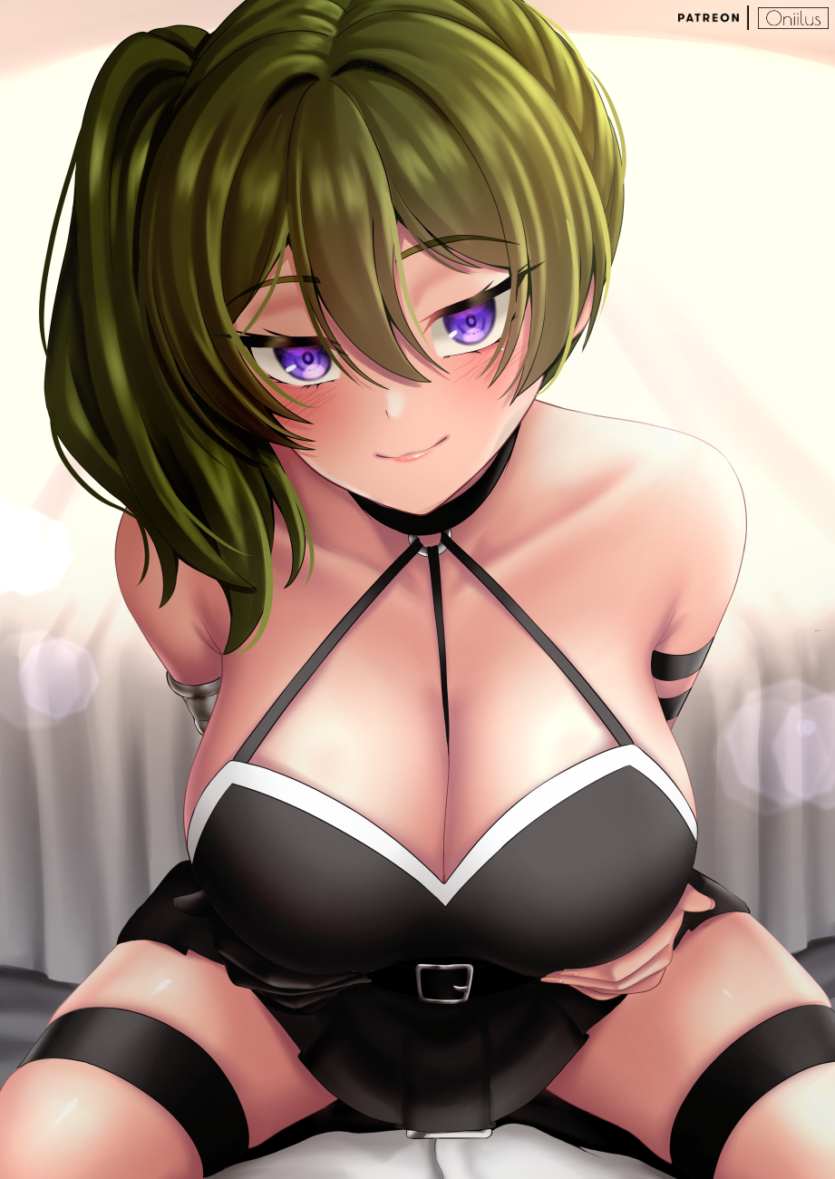 1girl arm_strap bare_shoulders belt between_breasts black_belt black_choker black_dress blush breasts choker cleavage closed_mouth commentary_request dress english_commentary grabbing_own_breast green_hair hair_between_eyes highres large_breasts leaning_forward long_hair looking_at_viewer mixed-language_commentary o-ring o-ring_choker oniilus purple_eyes side_ponytail sitting smile solo sousou_no_frieren strap_between_breasts thigh_strap ubel_(sousou_no_frieren)