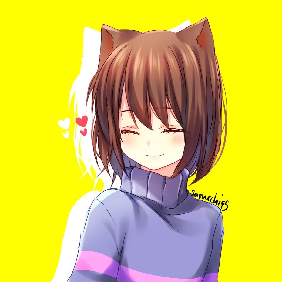 1other animal_ears arms_at_sides artist_name blue_hair blue_sweater blush brown_hair cat_ears closed_eyes closed_mouth colored_inner_hair facing_ahead frisk_(undertale) heart multicolored_hair pink_sweater sasucchi95 short_hair smile solo striped_clothes striped_sweater sweater undertale upper_body yellow_background