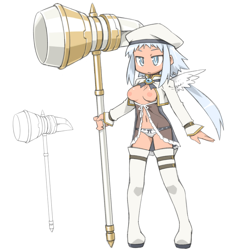 1girl :&lt; blue_hair boots breasts cannsk commentary_request cropped_jacket dark-skinned_female dark_skin feathered_wings frown full_body hammer hat holding holding_hammer nipples original ribbon-trimmed_panties see-through small_breasts solo thigh_boots white_footwear wings