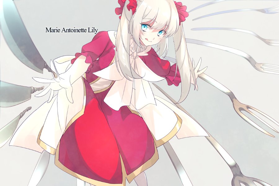 1girl aged_down blue_eyes blush breasts character_name dress echo_(circa) fate/grand_order fate_(series) fork gold_trim knife licking_lips long_hair long_sleeves looking_at_viewer marie_antoinette_(fate) oversized_object red_dress sidelocks small_breasts tongue tongue_out twintails very_long_hair white_hair