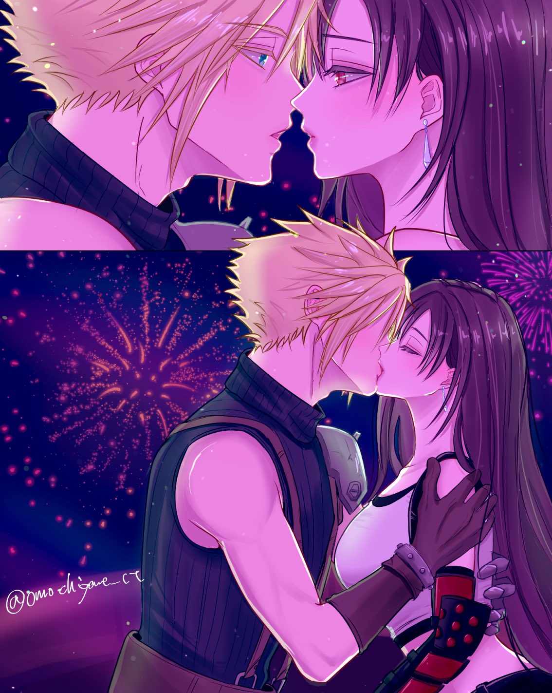 1boy 1girl aerial_fireworks armor bare_shoulders black_hair black_skirt black_sports_bra blonde_hair blue_eyes breasts brown_gloves closed_eyes cloud_strife collarbone commentary couple crop_top earrings final_fantasy final_fantasy_vii final_fantasy_vii_rebirth final_fantasy_vii_remake fireworks from_side gloves gondola hand_on_another's_back hand_on_another's_shoulder highres imminent_kiss jewelry kiss large_breasts lips long_hair looking_at_another midriff night night_sky omochigame_ct open_mouth parted_lips profile red_eyes sequential short_hair shoulder_armor single_arm_guard single_bare_shoulder single_earring sitting skirt sky sleeveless sleeveless_turtleneck spiked_hair sports_bra suspenders sweater tank_top teardrop_earrings tifa_lockhart turtleneck turtleneck_sweater twitter_username upper_body white_tank_top