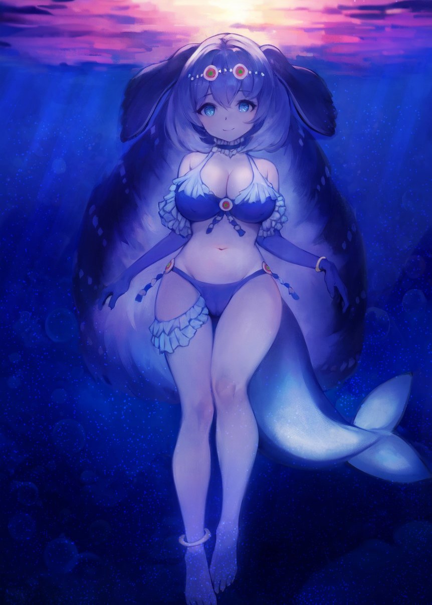 1girl bikini blue_bikini blue_eyes blue_hair bracelet cetacean_tail choker dolphin_girl elbow_gloves fins fish_tail frills gloves hair_ornament head_fins highres jack4l jewelry kemono_friends long_hair looking_at_viewer navel ocean solo steller's_sea_cow_(kemono_friends) swimsuit tail