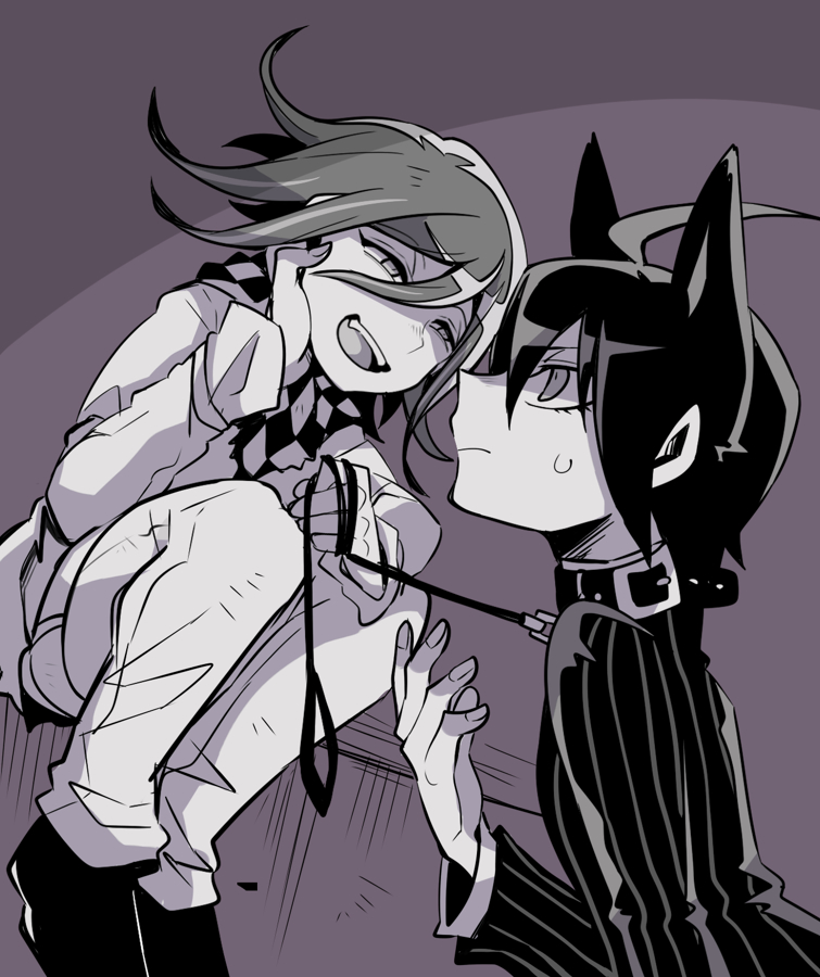 2boys ahoge animal_collar animal_ears arm_belt belt belt_buckle buckle checkered_clothes checkered_scarf closed_mouth collar collared_jacket commentary_request danganronpa_(series) danganronpa_v3:_killing_harmony dog_ears eye_contact eyelashes fangs fingernails frown full_body grey_background greyscale hair_between_eyes half-closed_eyes hand_on_own_cheek hand_on_own_face head_tilt high_collar holding holding_leash jacket kemonomimi_mode leash looking_at_another mako_gai male_focus monochrome multiple_belts multiple_boys oma_kokichi open_mouth outstretched_hand pants pinstripe_jacket pinstripe_pattern saihara_shuichi scarf shaded_face shoes short_hair simple_background sitting smile studded_collar sweatdrop teeth thigh_belt thigh_strap upper_body upper_teeth_only vertical-striped_sleeves yaoi