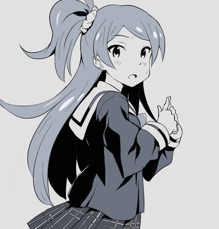 1girl breasts dot_nose flipped_hair from_side grey_background greyscale high_side_ponytail idolmaster idolmaster_million_live! idolmaster_million_live!_theater_days light_blush long_hair long_sleeves looking_at_viewer monochrome nejime_(nejimeinu) ogami_tamaki open_mouth own_hands_together parted_bangs parted_lips school_uniform scrunchie serafuku sidelocks simple_background small_breasts solo sweat upper_body wavy_eyebrows