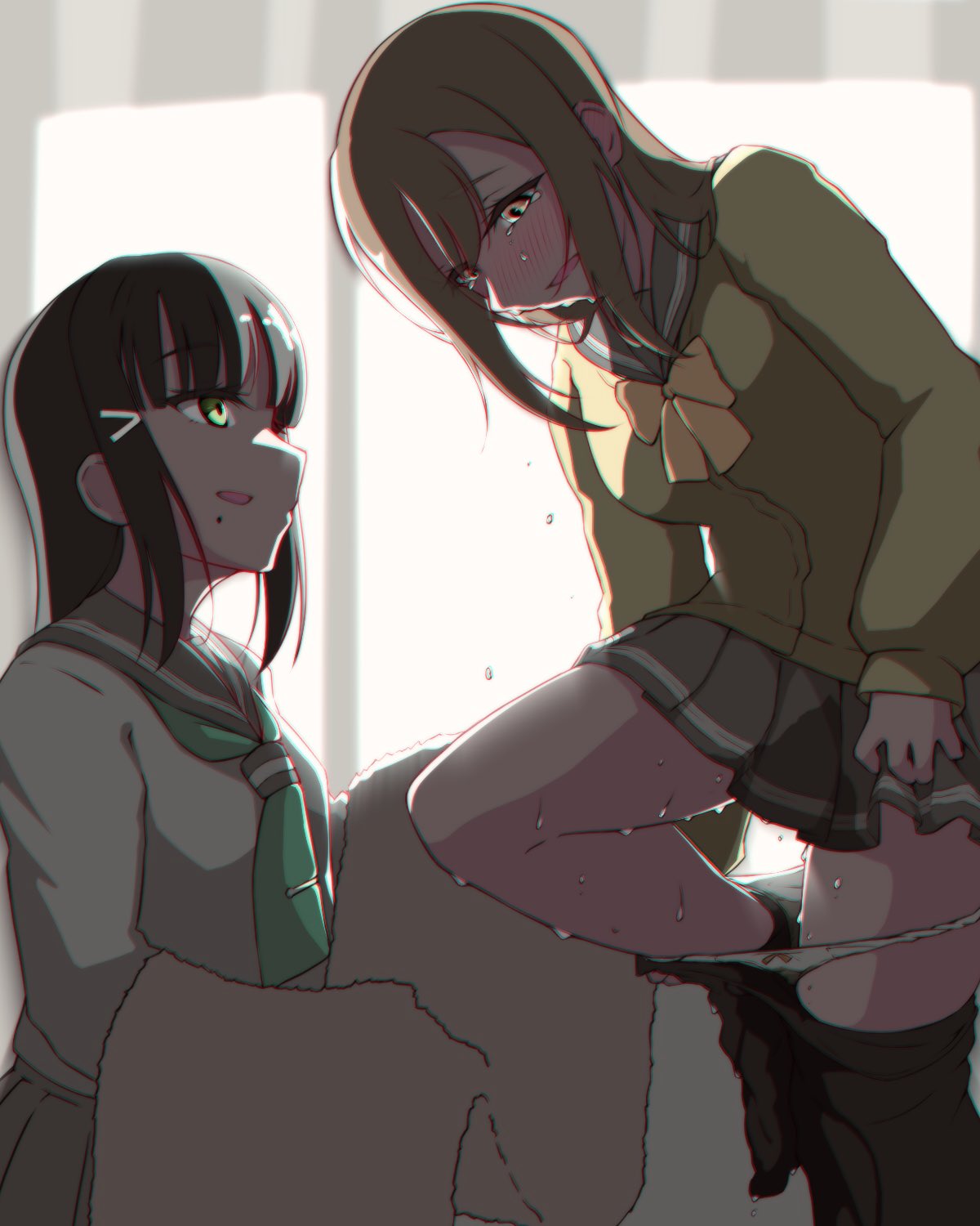 2girls azukilib backlighting black_hair blush bow bow_panties bowtie breasts brown_hair cardigan clothes_pull commentary_request dark ear_blush embarrassed from_side green_eyes green_neckerchief grey_sailor_collar grey_skirt hair_ornament hairclip hands_up happy highres holding holding_towel indoors kneeling kunikida_hanamaru kurosawa_dia leg_up long_hair long_sleeves looking_at_another looking_down looking_up love_live! love_live!_sunshine!! miniskirt mole mole_under_mouth multiple_girls neckerchief nose_blush open_mouth orange_bow orange_bowtie orange_eyes panties panty_pull pantyhose pantyhose_pull pee peed_self pleated_skirt pulled_by_self sailor_collar school_uniform serafuku shirt sidelocks sideways_mouth skirt small_breasts smile standing standing_on_one_leg tie_clip towel underwear undressing wet wet_clothes wet_panties wet_pantyhose wet_skirt white_panties white_shirt window yellow_cardigan