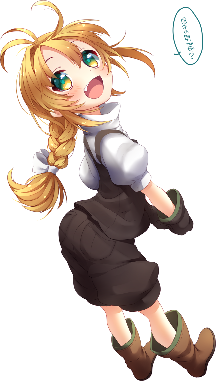 1girl adapted_turret ass black_gloves black_pants black_vest blonde_hair boots bow braid brown_footwear colored_eyelashes commentary fang full_body gloves gradient_eyes green_eyes hair_bow highres kirisame_marisa light_blush long_hair looking_at_viewer multicolored_eyes no_headwear open_mouth pants pocket puffy_short_sleeves puffy_sleeves shirt short_sleeves simple_background single_braid smile solo speech_bubble touhou translation_request turtleneck turtleneck_shirt usamata vest white_background white_bow white_shirt white_sleeves yellow_eyes