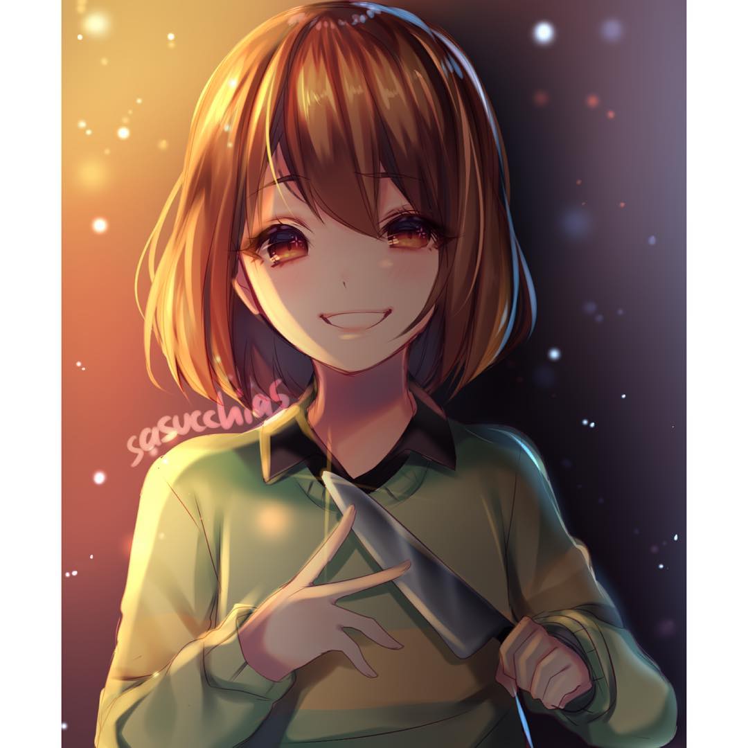 1girl artist_name black_background blush brown_hair chara_(undertale) collared_shirt genderswap genderswap_(otf) gradient_background gradient_eyes green_sweater grin hair_between_eyes holding holding_knife knife light long_sleeves looking_at_viewer multicolored_eyes orange_background orange_eyes purple_eyes sasucchi95 shirt short_hair smile solo striped_clothes striped_sweater sweater undertale upper_body yellow_background yellow_sweater