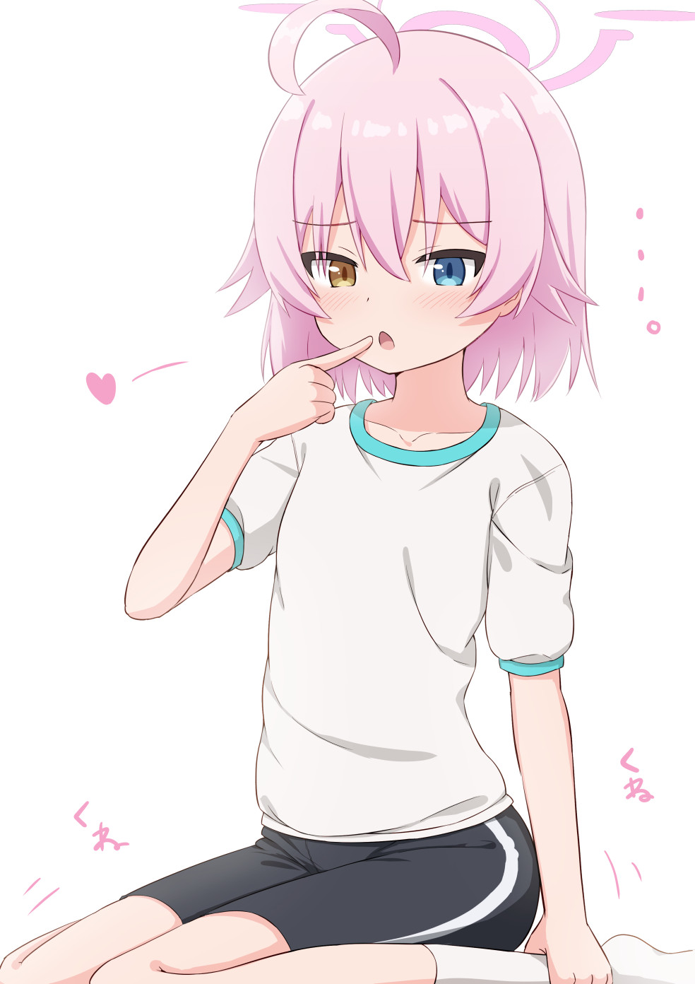... 1girl ahoge ankle_grab black_shorts blue_archive blue_eyes blush brown_eyes chestnut_mouth commentary_request finger_to_mouth gym_shirt gym_shorts gym_uniform hair_between_eyes halo hand_up heart heterochromia highres hoshino_(blue_archive) no_shoes parted_lips pink_hair puffy_short_sleeves puffy_sleeves shirt short_sleeves shorts simple_background sitting socks solo takasuma_hiro wariza white_background white_shirt white_socks